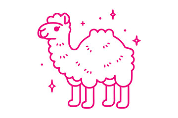Pink contoured camel stands gracefully amidst stars and dots on a white backdrop