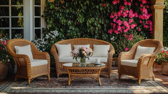 Outdoor wicker furniture set in a garden setting