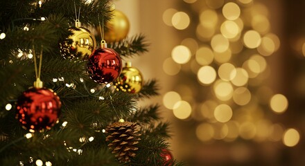 Festive Christmas tree adorned with ornaments, pine cones, and glowing string lights for a warm holiday season atmosphere.