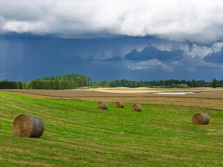 A storm is approaching over the fields, where hay bales are arranged on the fresh green grass. Dark clouds create a dramatic contrast with the peaceful countryside.