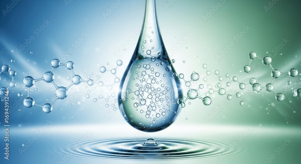 Poster a large liquid drop with molecular structures falls onto a water surface creating ripples set agains