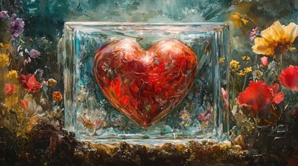 A vibrant red heart encased in a clear glass cube surrounded by a lush garden of colorful flowers and plants.