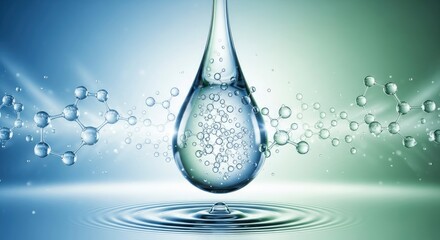 A large liquid drop with molecular structures falls onto a water surface creating ripples set against a blue-green background