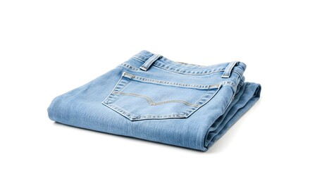 Folded pair of blue denim jeans on plain surface. Classic style of denim clothing