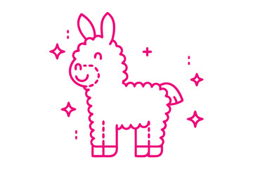 Pink donkey outline with smiling face surrounded by stars and plus symbol stands alone