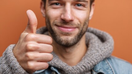 Close-up of a man giving a thumbs-up gesture against an orange backdrop, showcasing a warm and positive expression.