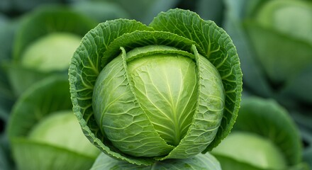 Obraz premium A close-up showcases the intricate texture and vibrant green color of a fresh cabbage, nestled amongst other leafy greens in garden.