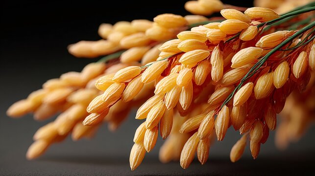 Golden rice stalks showing grains with husk on dark background
