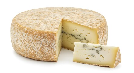 A delicious cheese wheel, with a piece cut out to show its textures and colors. The cheese wheel looks tasty