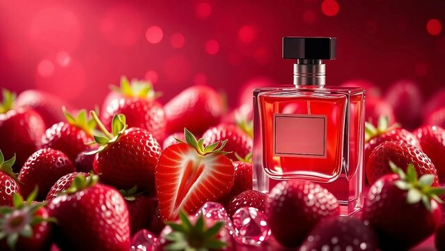 Luxury perfume bottle surrounded by fresh strawberries and sparkling red background. Romantic beauty concept.