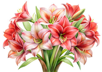 Watercolor Painting of a Romantic Red and White Amaryllis Bouquet; Elegant Floral Illustration, Botanical Art, Spring Flowers.