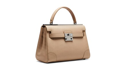 An elegant, beige handbag with a handle, perfect for carrying essentials