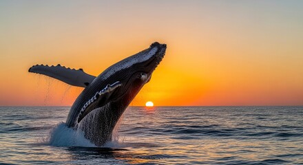 Fototapeta premium A large marine mammal breaches from the ocean splashing water against a vivid orange and yellow sunset sky
