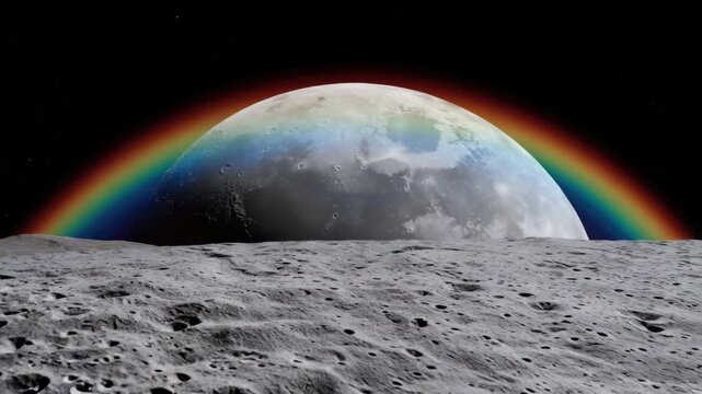 Vivid lunar rainbow arches over moon surface in stunning celestial display