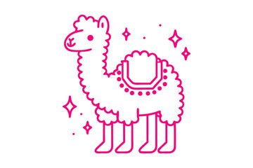 Pink fluffy llama standing under sparkling stars displays an adorable iconlike shape