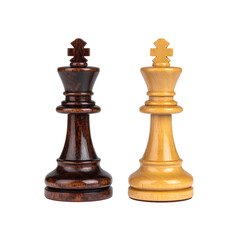 Dark and light wooden chess pieces isolated on white background