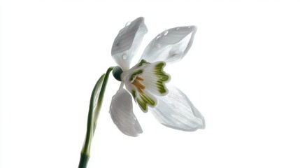 Obraz premium Close-up of a single snowdrop flower. the flower is in full bloom, with its petals spread out in a fan-like shape.
