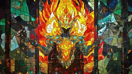 Fiery Stained Glass Depiction of a Mythical Creature.