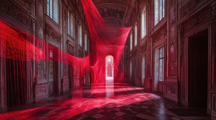 Vibrant Red Fabric Installation Illuminates Grand Architectural Hallway.