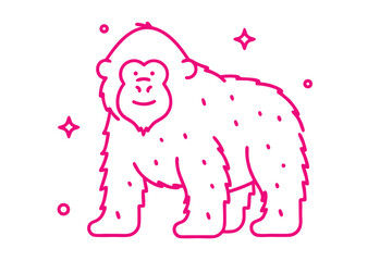 Pink gorilla standing amidst stars and circles showcases simplistic line art on white