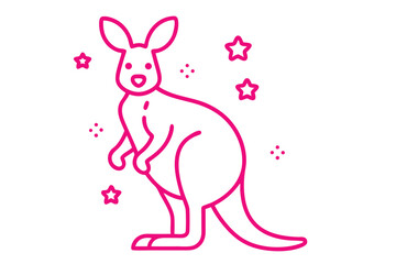 Pink kangaroo standing amidst floating stars and dots in a playful line art style