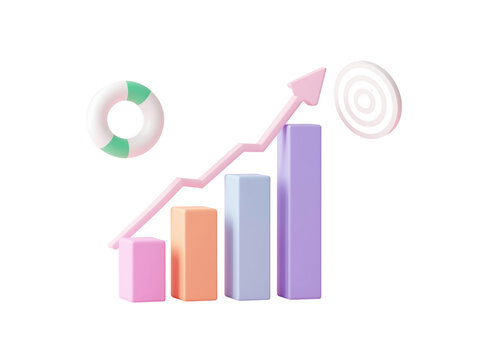 Cartoonish financial growth with ascending bar chart, arrow pointing up and target isolated