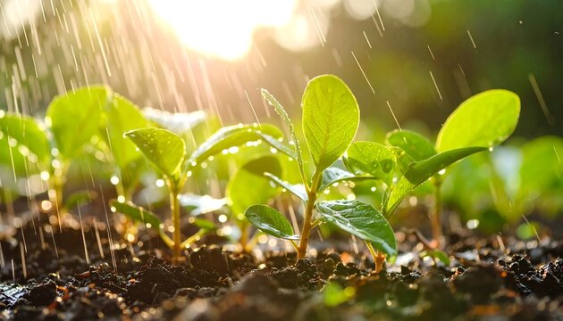 Young plants watered by sunlit rain