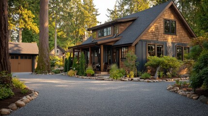 Fototapeta premium Inviting Modern House Exterior with Wood Siding, Landscaping, and a Gravel Driveway in a Serene Forest Setting