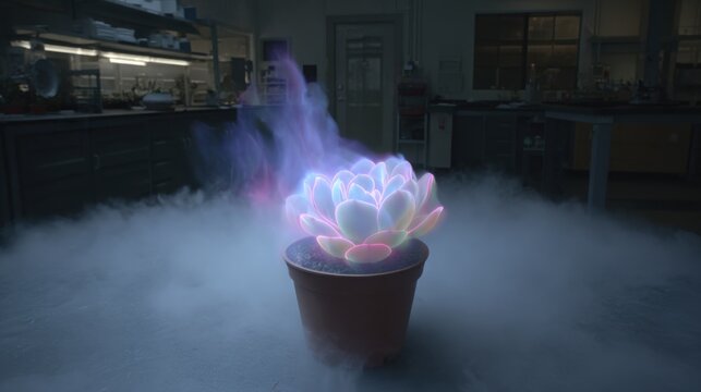 A single glowing succulent plant in a dark lab, its leaves emitting soft multicolored bioluminescence.