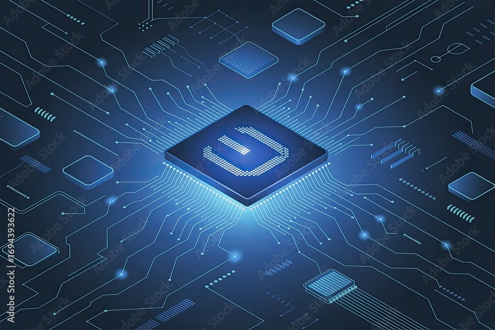 Poster futuristic glowing microchip processor circuit board data flow network concept
