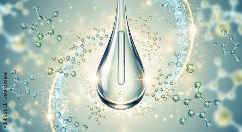 Poster a large transparent liquid drop at the center surrounded by shimmering molecular models and luminous