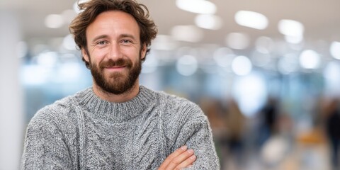 A confident man with a warm smile, wearing a gray knitted sweater, stands out against a softly blurred background of a modern interior.