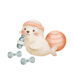 Watercolor illustration of a cute seal doing fitness with dumbbells and  yoga ball. Pastel colors, white background, perfect for kids designs, stickers, cards, planners.