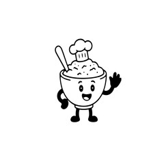Cute Cartoon Bowl of Rice Chef Outline Transparent.  Outline bowl of rice or porridge character with chef hat and spoon, white areas removed for transparency. Fun for food design, stickers,