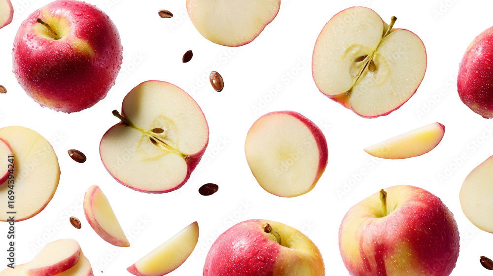 Aufkleber scattered arrangement of appetizing red apples and seeds on isolated transparent background