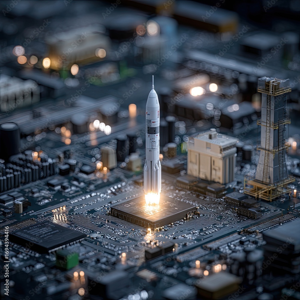 Fototapete rocket launching from a circuit board. a small rocket launches from a central processor chip on a co
