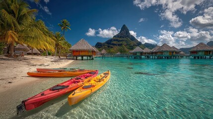 Tropical Island Paradise: Kayaks on Sandy Beach with Overwater Bungalows and Mountain Backdrop