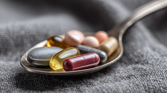 Close-up tablespoon filled with various dietary supplements, tablets and vitamins on a gray fabric background