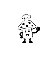 Cute Mushroom Cartoon Chef Outline Transparent. Outline mushroom character with chef hat, white areas transparent. Great for food stickers, icons, and coloring page illustrations.