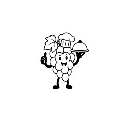 Cute Grape Cartoon Chef Outline Transparent. Black outline grape character with chef hat holding tray, transparent fill. Perfect for fruit designs, coloring pages, and healthy food art.