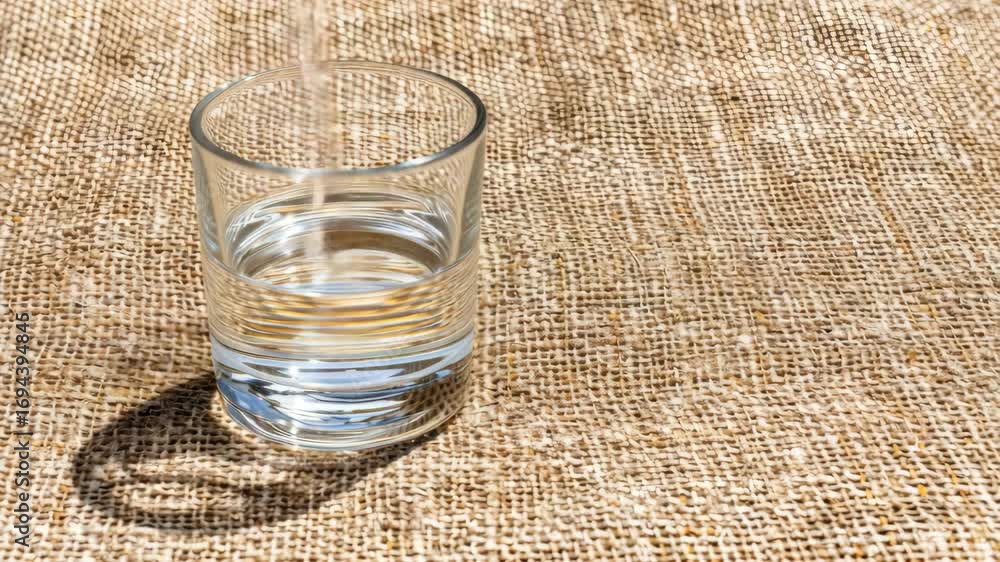 Poster a clear glass filled with water rests gently on a rustic burlap surface creating a serene and calmin