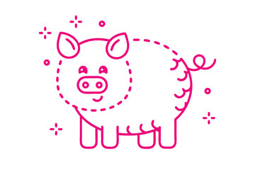Pink line art reveals a cartoon pig with a curly tail smiling softly
