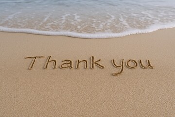 Fototapeta premium Thank you message written in sand on beach with ocean wave approaching shoreline