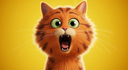 Obraz premium Orange tabby cat portrait with wide open mouth and eyes against a yellow background