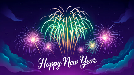 Vibrant fireworks exploding over deep blue night sky, digital illustration