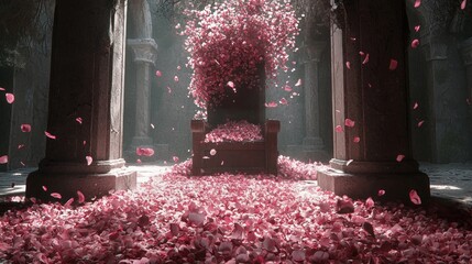 Magical Pink Petals Falling in Ancient Temple with Sunbeams.