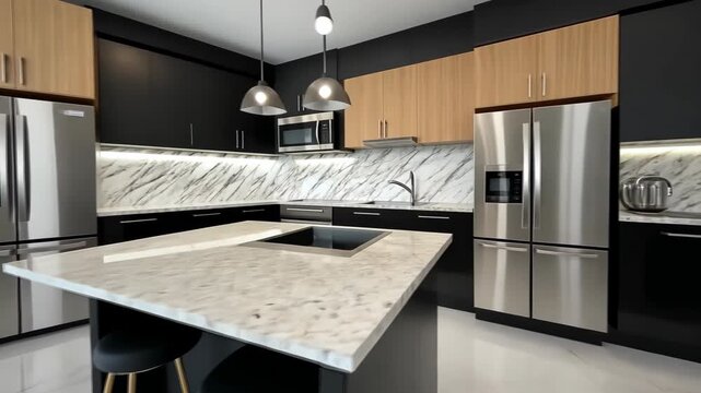 Explore a contemporary kitchen showcasing elegant wood and black cabinets, a spacious island, and chic decor elements