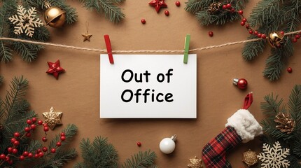 Creative Christmas flat lay with festive decorations, fir branches, stocking, snowflakes, golden ornaments and paper sign with Out of Office text hanging on string for holiday season break concept