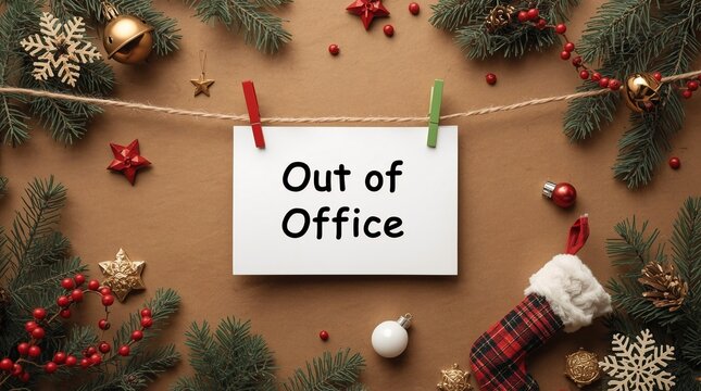 Creative Christmas flat lay with festive decorations, fir branches, stocking, snowflakes, golden ornaments and paper sign with Out of Office text hanging on string for holiday season break concept