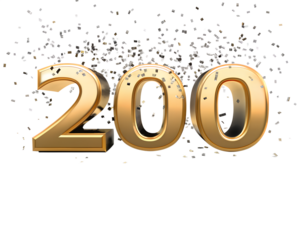 nombre 200 en lettres dorées avec confettis or et argent sur fond transparent - rendu 3D